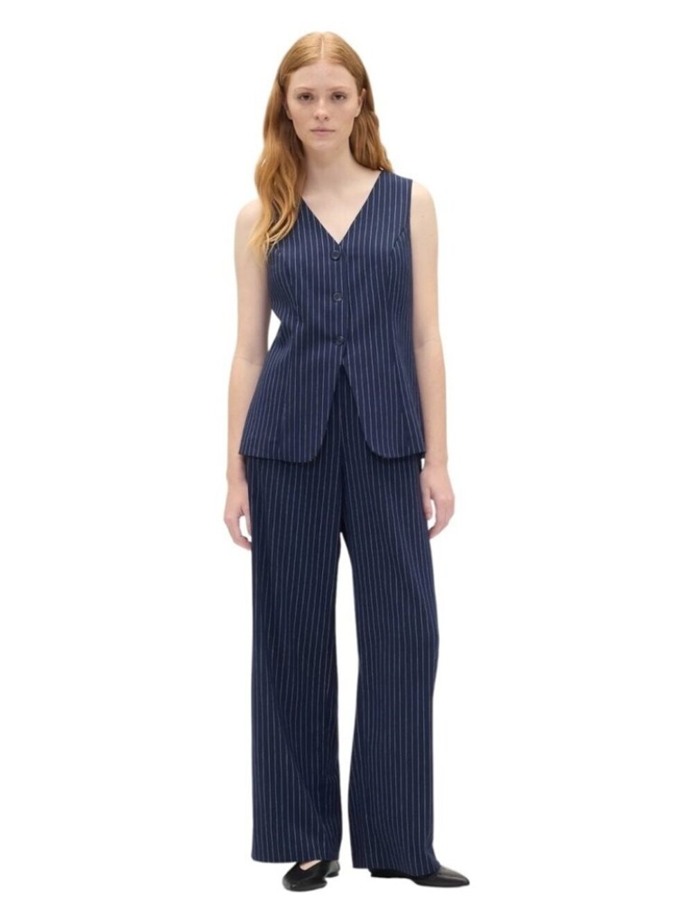 Gap Womens Navy Blue Pinstripe Wide Leg Elastic Waist Career Trousers Size M